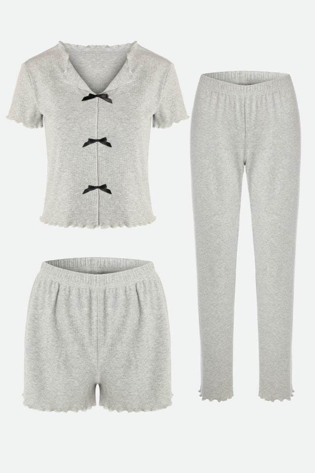 Kadın Pamuklu 3'lü Gri Melanj Fiyonklu Kaşkorse Pijama Takımı XL - Gri - Siyah