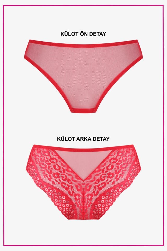 Yılbaşı Temalı Kadın Dolgusuz Kırmızı Leopar Desenli Tüllü Büstiyer Takım 85B - Kırmızı