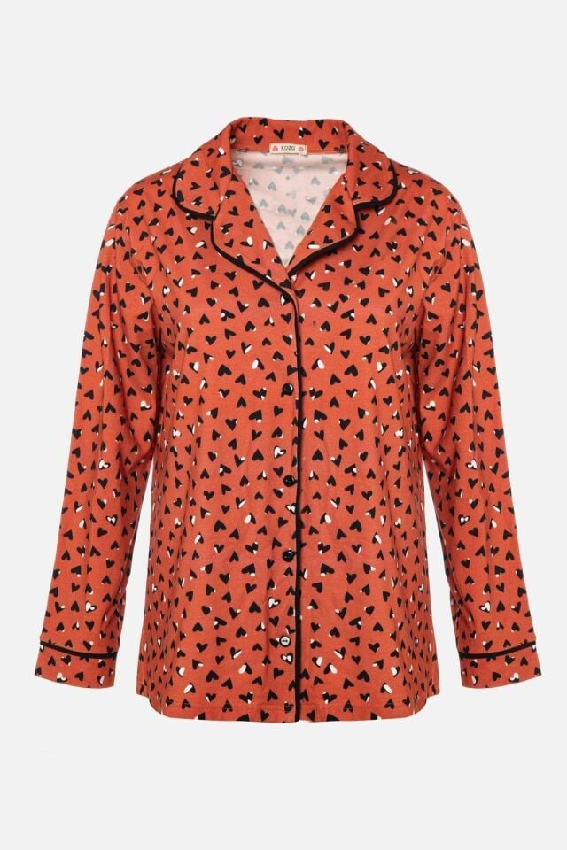 Kadın Pamuklu Kalp Desenli Ara Biyeli Gömlek Yaka Uzun Kollu Pijama Takımı Desenli - XL
