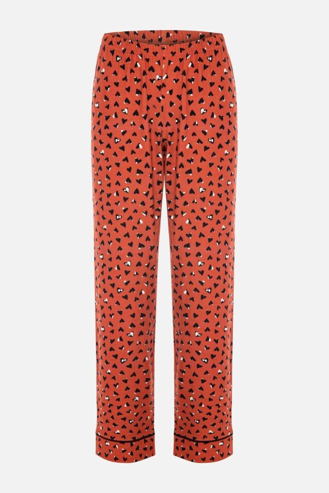 Kadın Pamuklu Kalp Desenli Ara Biyeli Gömlek Yaka Uzun Kollu Pijama Takımı Desenli - XL