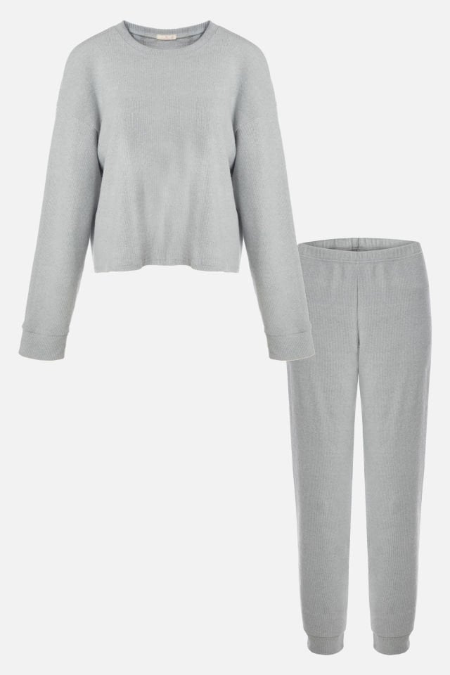 Kadın Soft Touch Kol ve Paça Bant Detaylı Pembe Renk Pijama Takımı Gri - M