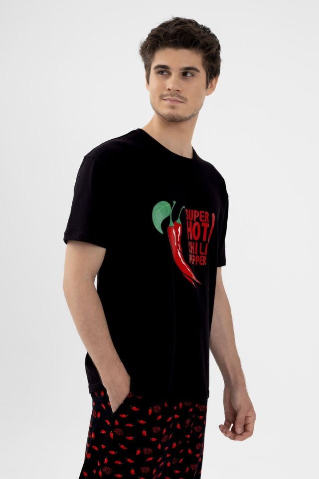 Erkek Pamuklu Kısa Kollu Chilli Baskılı Cep Detaylı Pijama Takımı Kırmızı - Siyah - XL