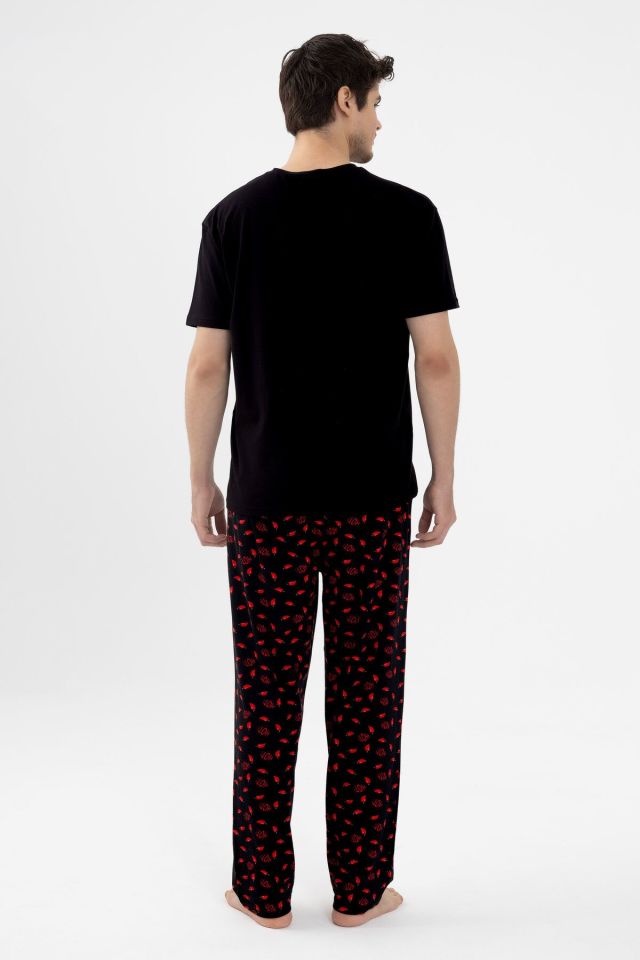 Erkek Pamuklu Kısa Kollu Chilli Baskılı Cep Detaylı Pijama Takımı Kırmızı - Siyah - XL