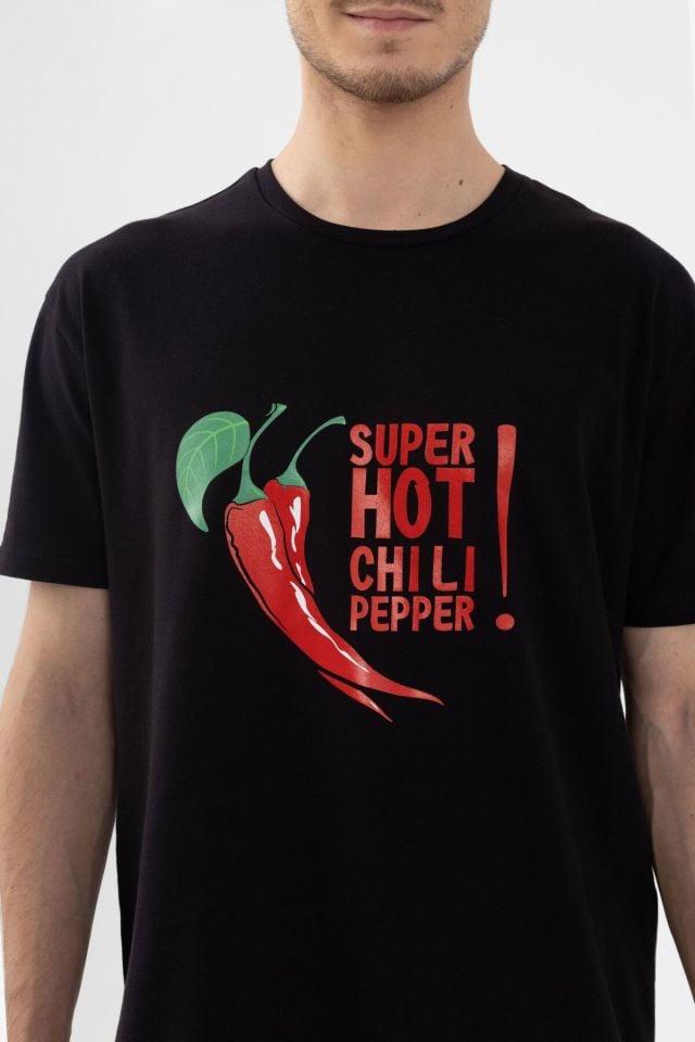 Erkek Pamuklu Kısa Kollu Chilli Baskılı Cep Detaylı Pijama Takımı Kırmızı - Siyah - XL