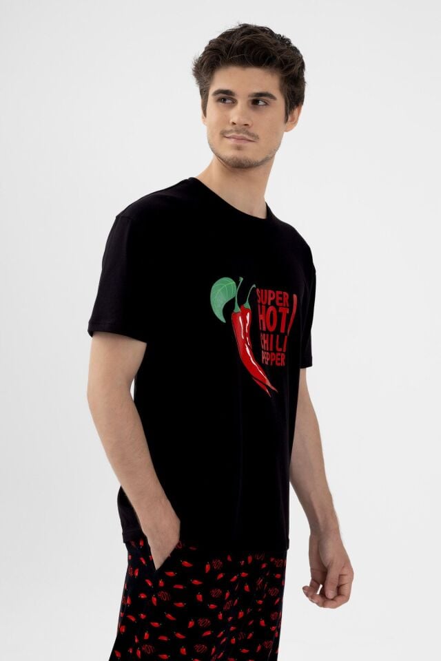 Erkek Pamuklu Kısa Kollu Chilli Baskılı Cep Detaylı Pijama Takımı Kırmızı - Siyah - 2XL