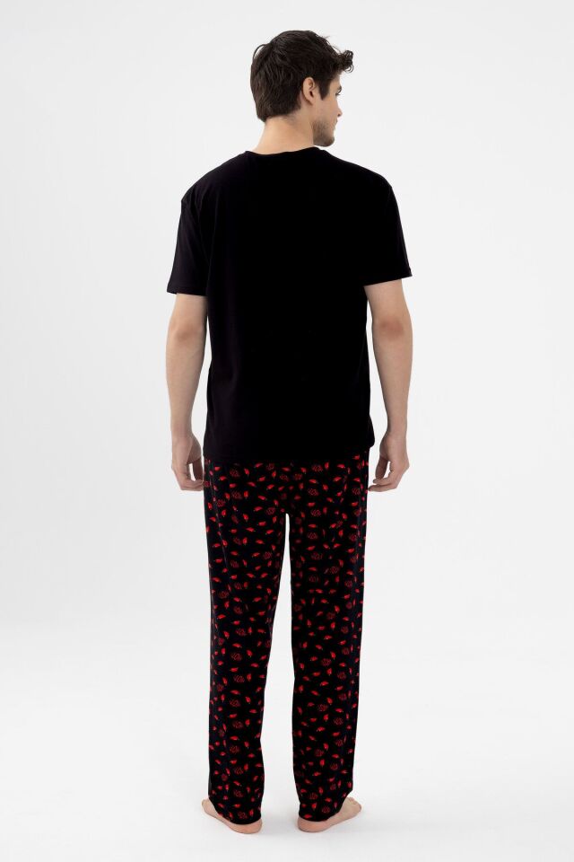 Erkek Pamuklu Kısa Kollu Chilli Baskılı Cep Detaylı Pijama Takımı Kırmızı - Siyah - 2XL