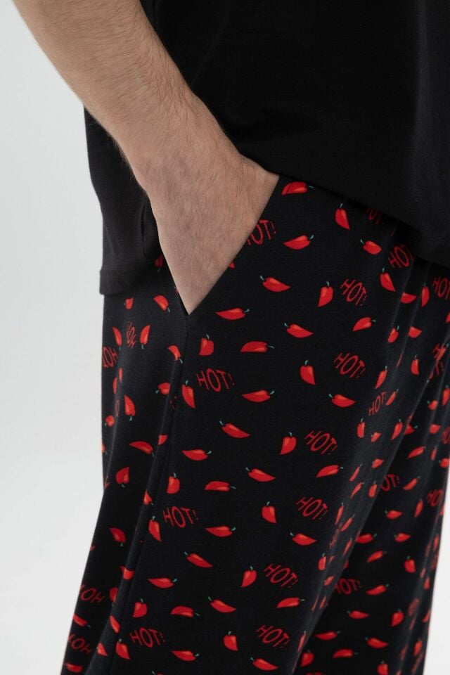 Erkek Pamuklu Kısa Kollu Chilli Baskılı Cep Detaylı Pijama Takımı Kırmızı - Siyah - M