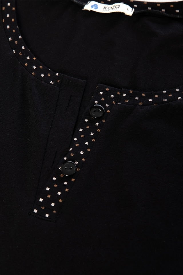 Erkek Pamuklu, Likralı, Yaka Düğmeli Ve Cep Detaylı Pijama Takımı M - Siyah - Beyaz