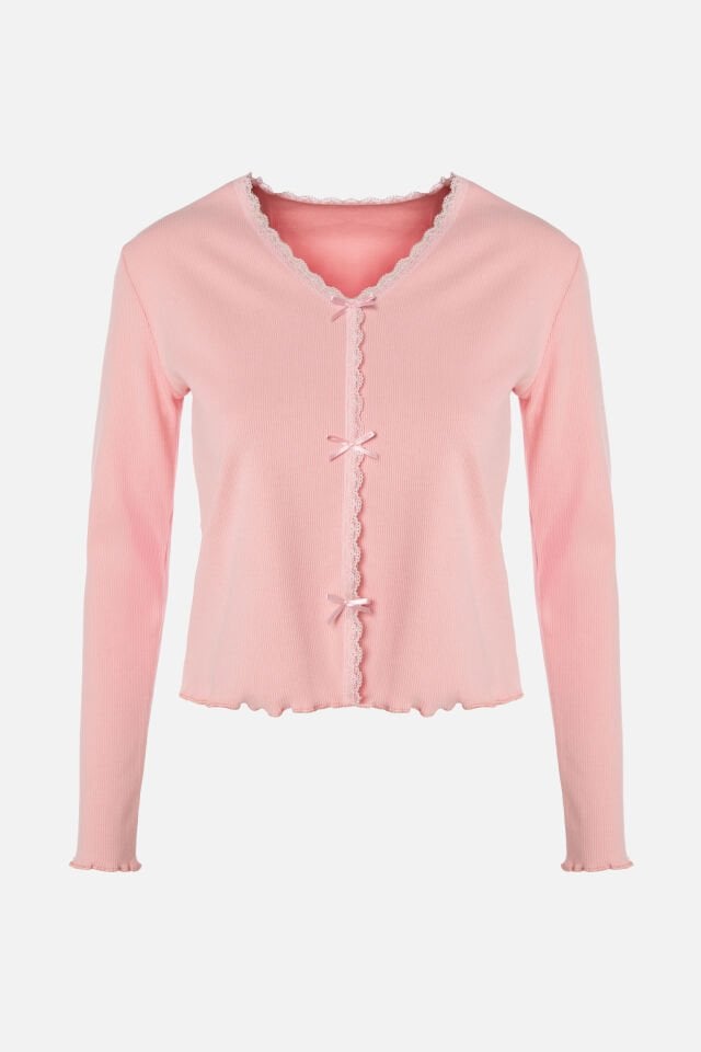 Kadın Pamuklu Dantel ve Kurdele/Fiyonk Detaylı Kaşkorse Renkli Pijama Takımı L - Pembe