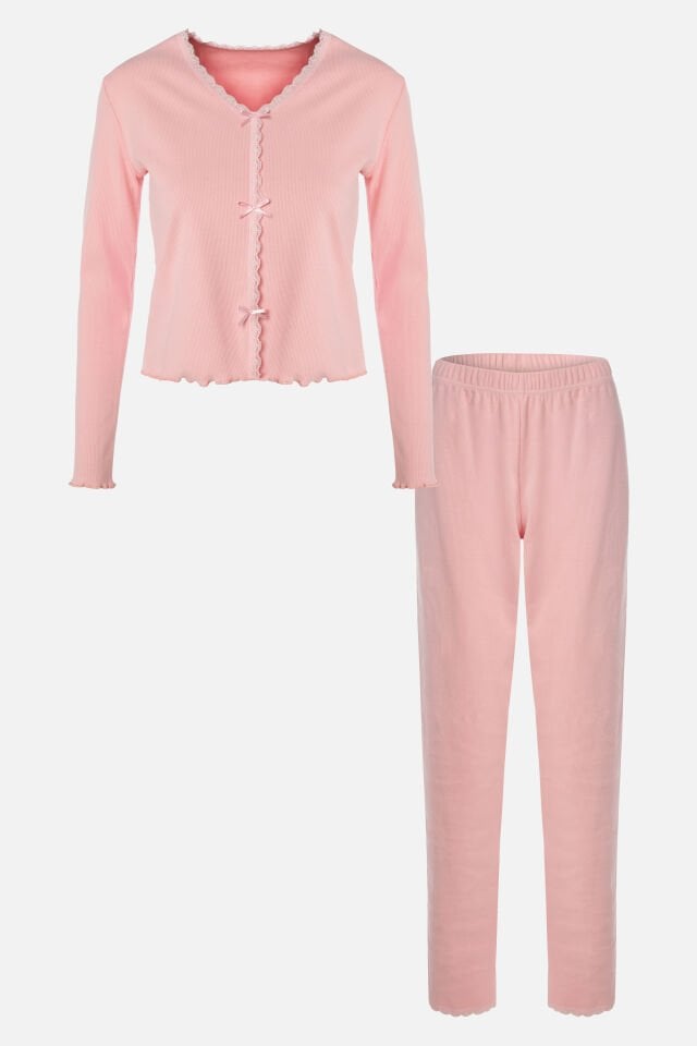 Kadın Pamuklu Dantel ve Kurdele/Fiyonk Detaylı Kaşkorse Renkli Pijama Takımı XL - Pembe