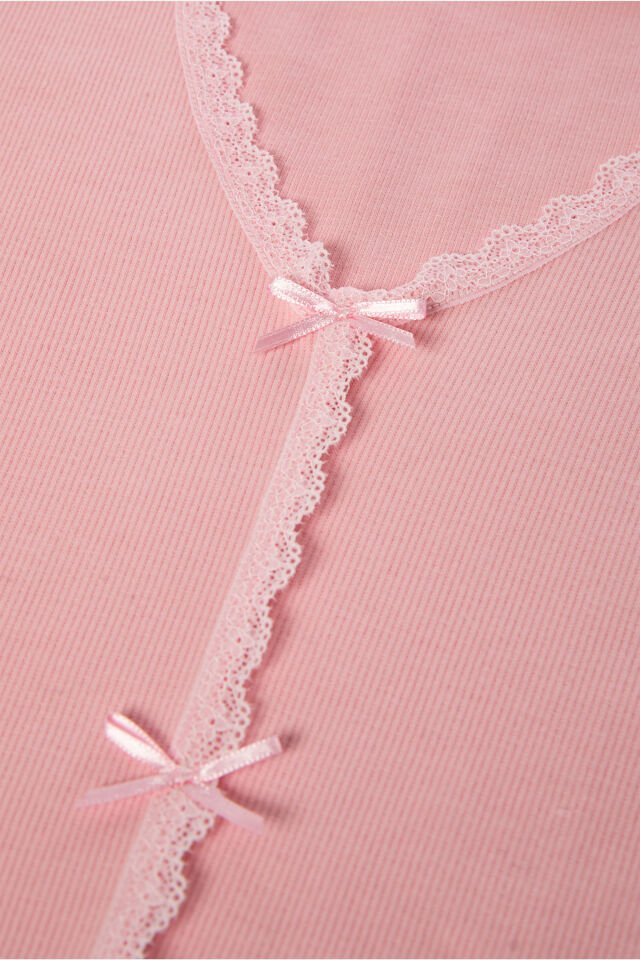 Kadın Pamuklu Dantel ve Kurdele/Fiyonk Detaylı Kaşkorse Renkli Pijama Takımı XL - Pembe