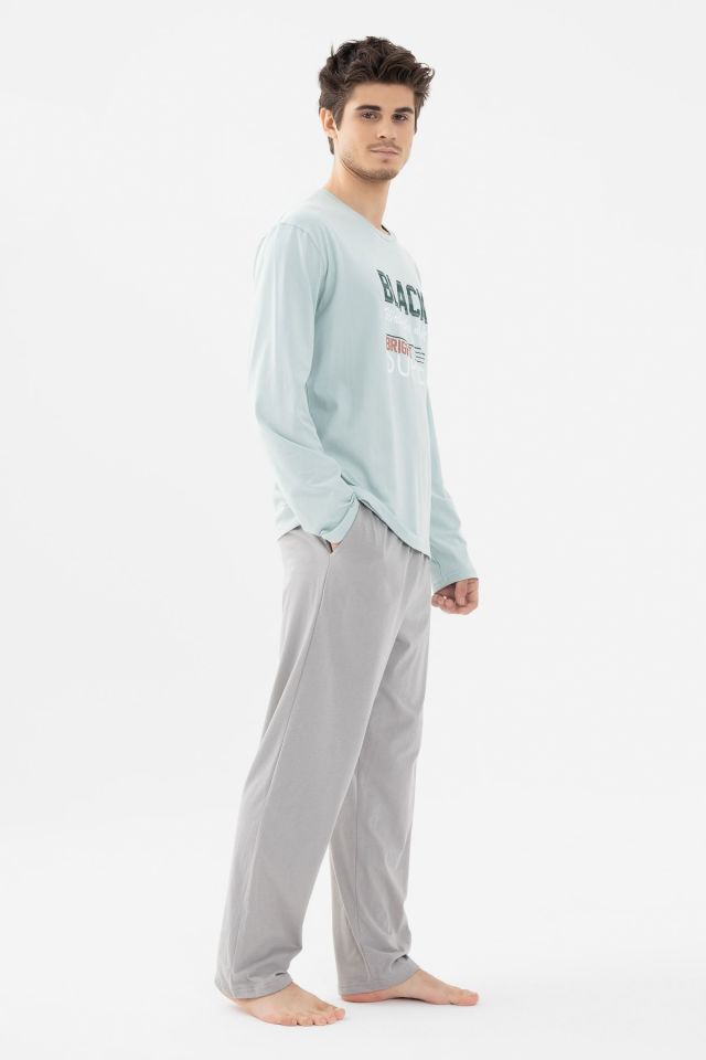 Erkek Pamuklu Basic Uzun Kollu Baskılı ve Cep Detaylı Pijama Takımı Mint - Gri - XL