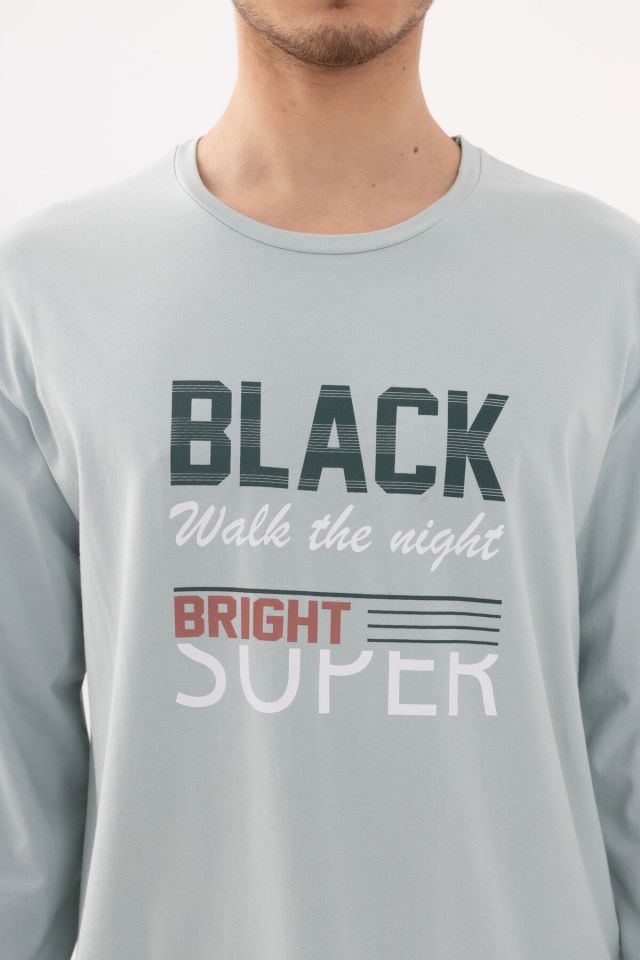 Erkek Pamuklu Basic Uzun Kollu Baskılı ve Cep Detaylı Pijama Takımı Mint - Gri - XL