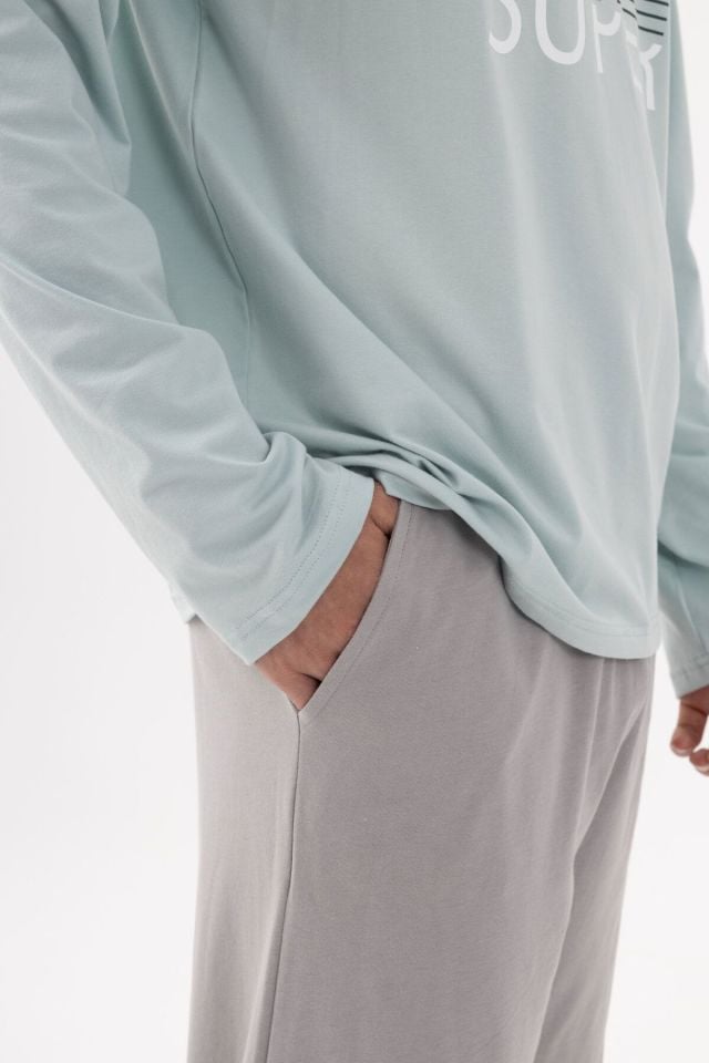 Erkek Pamuklu Basic Uzun Kollu Baskılı ve Cep Detaylı Pijama Takımı Mint - Gri - XL