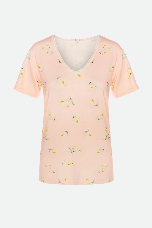 Kadın Viskon Yaka Dantel Lastik Detaylı V Yaka Kısa Kollu Pijama Takımı L - Ekru