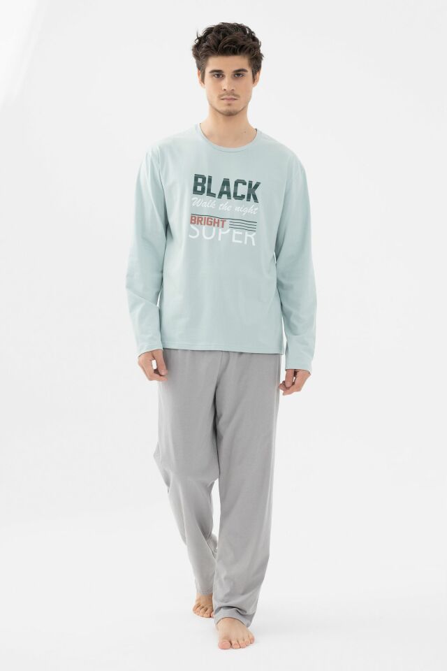 Erkek Pamuklu Basic Uzun Kollu Baskılı ve Cep Detaylı Pijama Takımı Mint - Gri - S