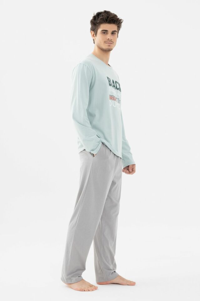 Erkek Pamuklu Basic Uzun Kollu Baskılı ve Cep Detaylı Pijama Takımı Mint - Gri - S