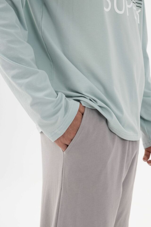Erkek Pamuklu Basic Uzun Kollu Baskılı ve Cep Detaylı Pijama Takımı Mint - Gri - S