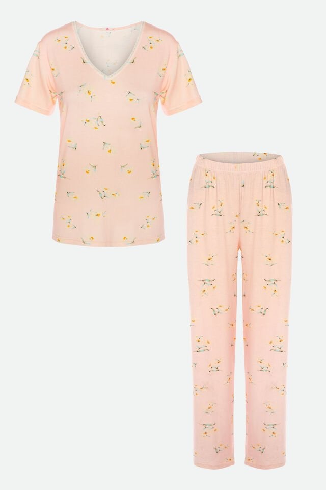 Kadın Viskon Yaka Dantel Lastik Detaylı V Yaka Kısa Kollu Pijama Takımı XL - Ekru
