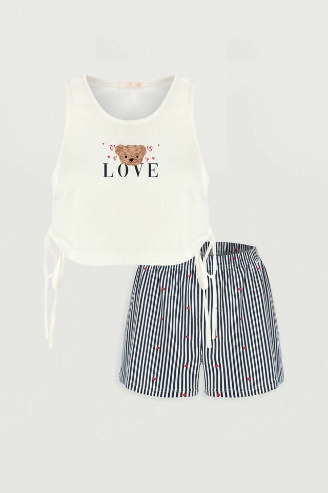 Kadın Yan Bağcık Detaylı Pamuklu Crop Şort Pijama Takımı 72123 - XL