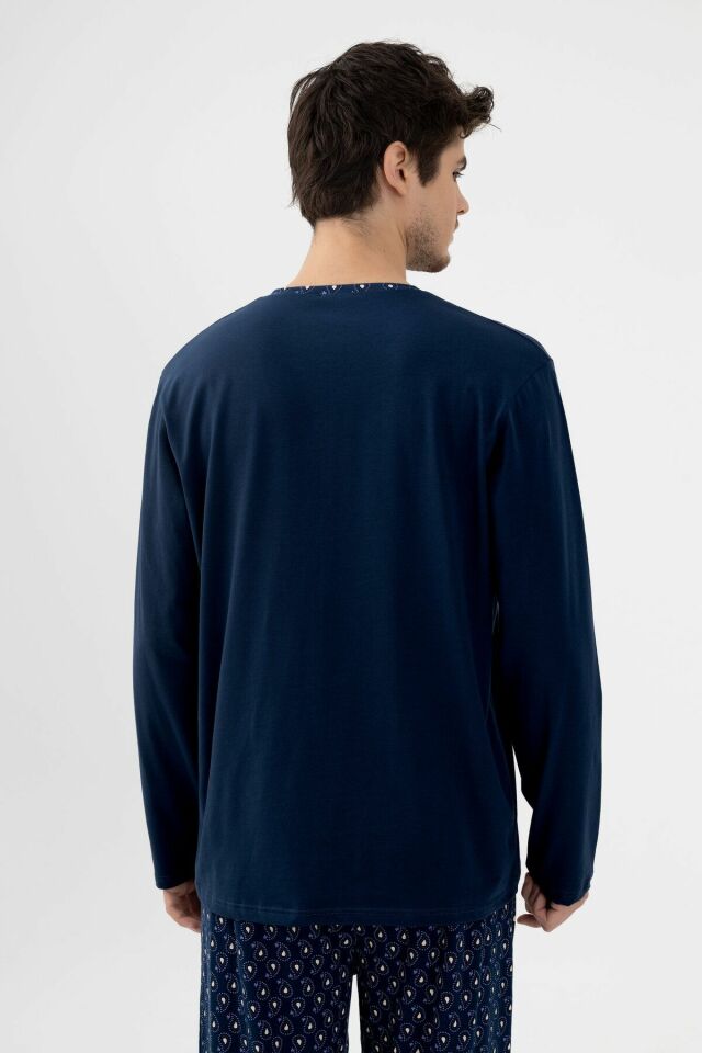 Erkek Pamuklu, Likralı, Yaka Düğmeli Ve Cep Detaylı Pijama Takımı Lacivert-Beyaz - 2XL