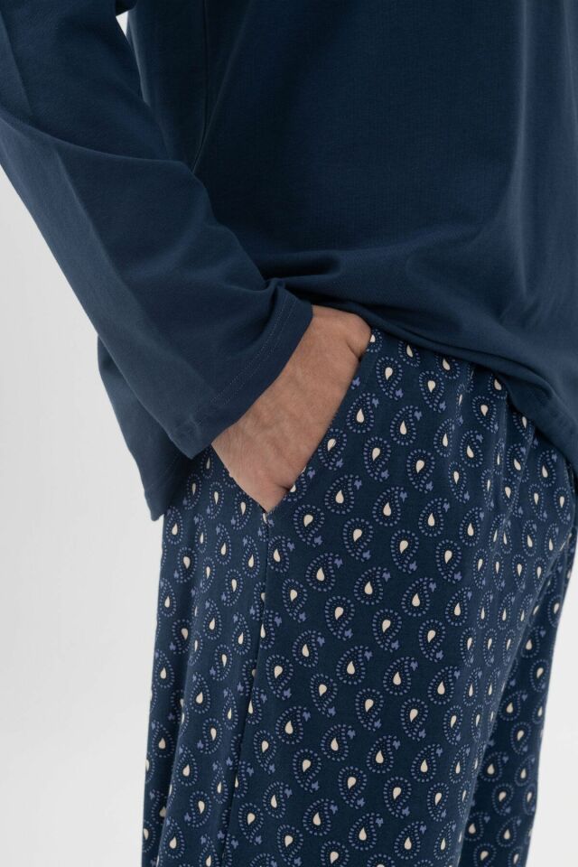 Erkek Pamuklu, Likralı, Yaka Düğmeli Ve Cep Detaylı Pijama Takımı Lacivert-Beyaz - 2XL