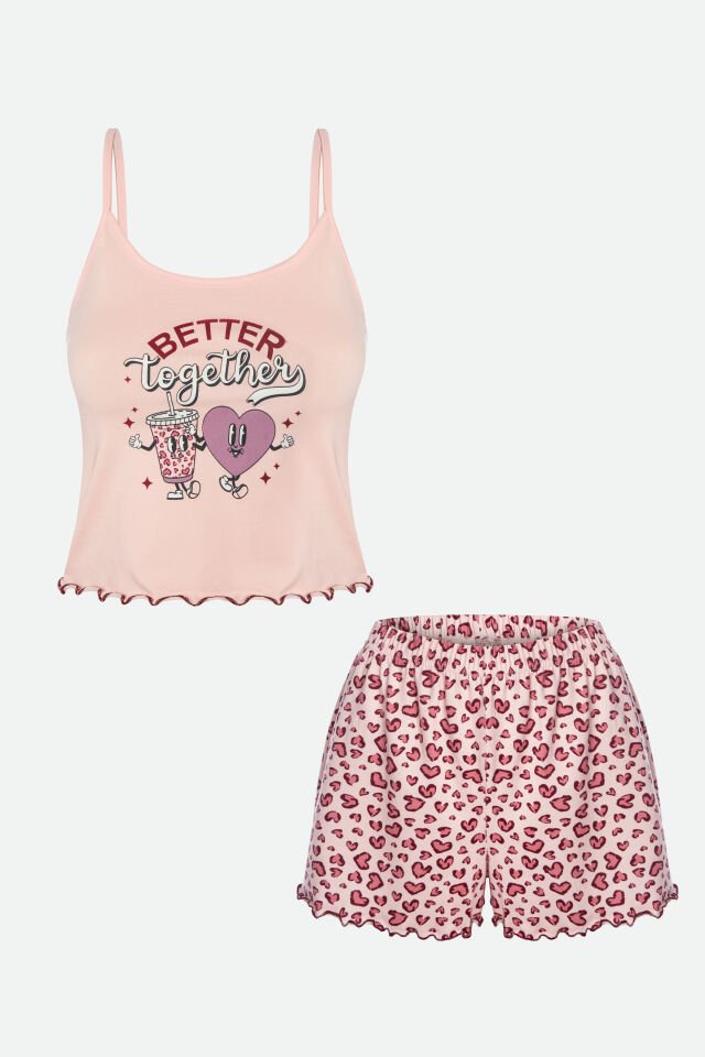 Kadın İnce Askılı Desenli Pamuklu Şortlu Pijama Takımı M