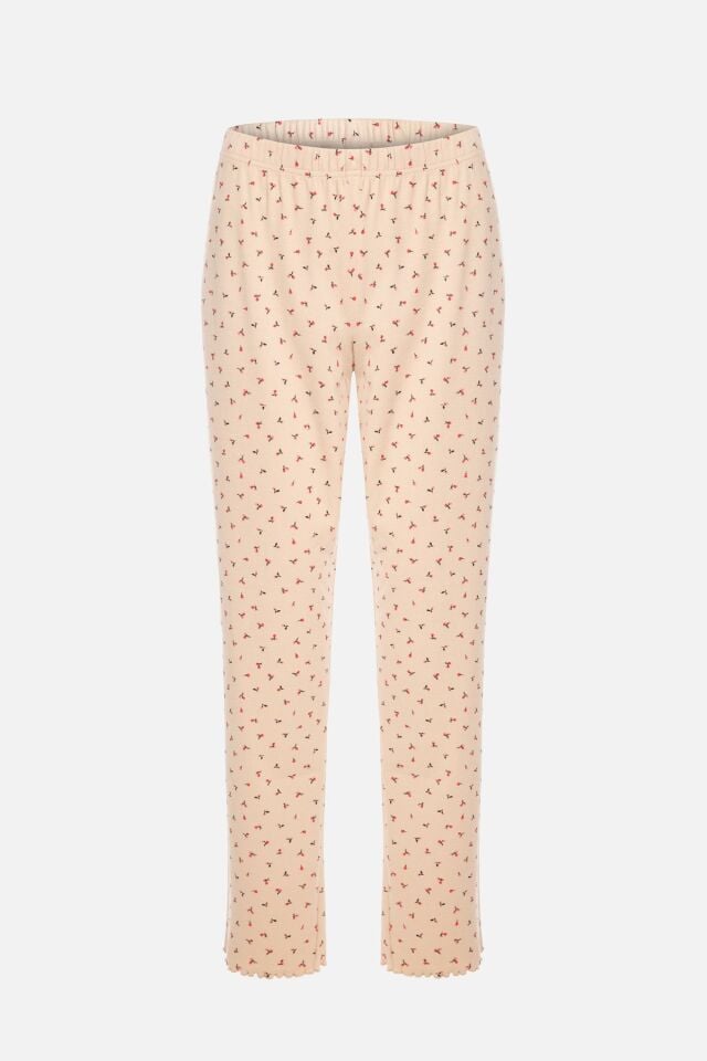 Kadın Pamuklu Çıtır Çiçek Desenli Baby Overloklu Fiyonk Detaylı Uzun Kollu Pijama Takımı KO70142-2 - XL