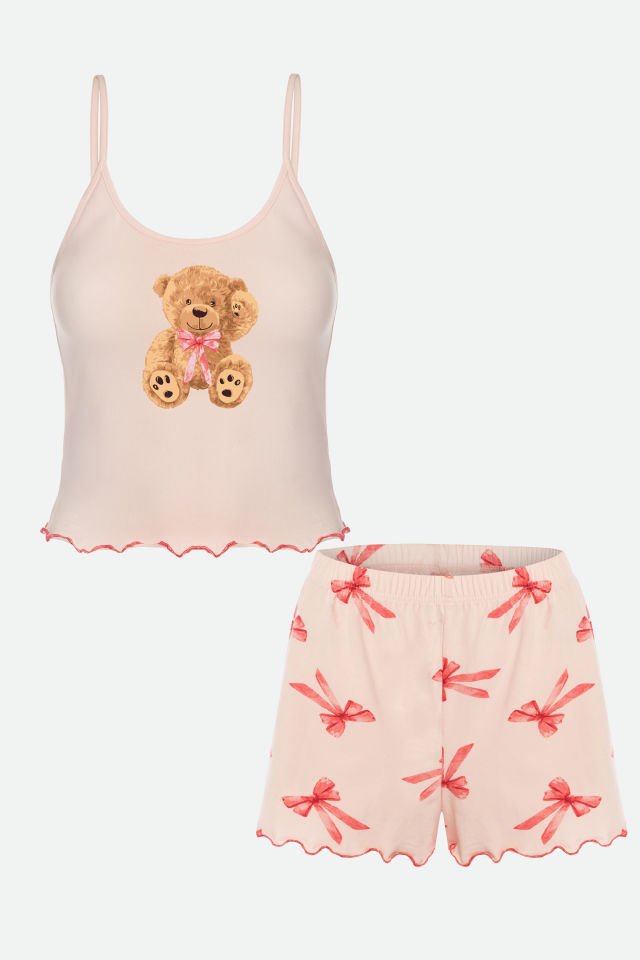 Kadın İnce Askılı Desenli Pamuklu Şortlu Pijama Takımı XL - Pudra - Kahverengi