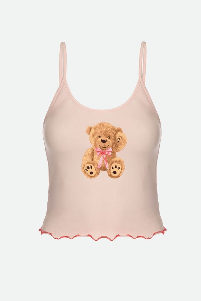 Kadın İnce Askılı Desenli Pamuklu Şortlu Pijama Takımı XL - Pudra - Kahverengi