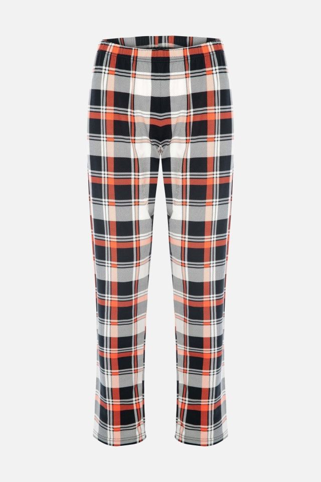 Kadın Pamuklu Ekose Desenli Ayıcık Baskılı Uzun Kollu Pijama Takımı Desenli - XL