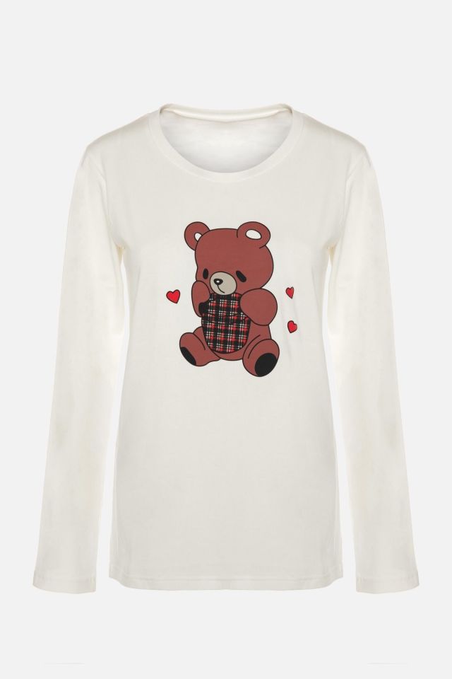 Kadın Pamuklu Ekose Desenli Ayıcık Baskılı Uzun Kollu Pijama Takımı Desenli - XL