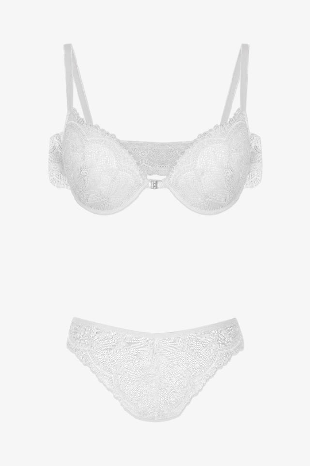 Sevgililer Günü Temalı Kadın Yarım Dolgulu Önden Açılabilir Dantelli Sütyen Takım 75B - Beyaz