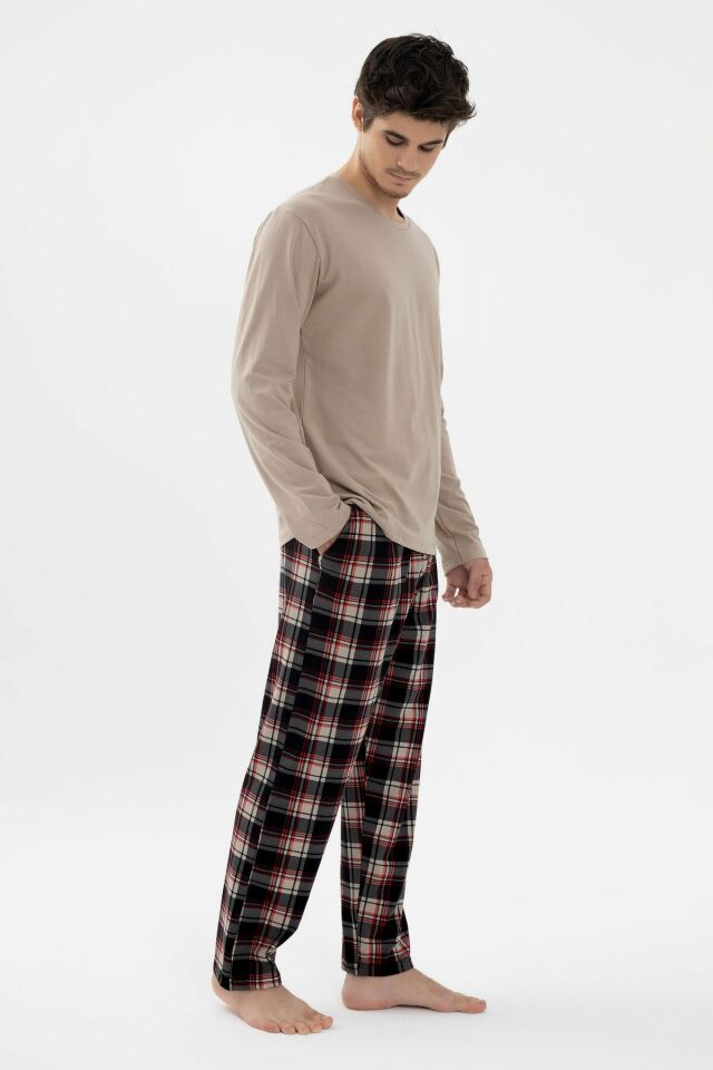 Erkek Pamuklu Uzun Kollu Basic Siyah - Vizon Ekose Desenli Cep Detaylı Pijama Takımı Siyah - Vizon - 2XL