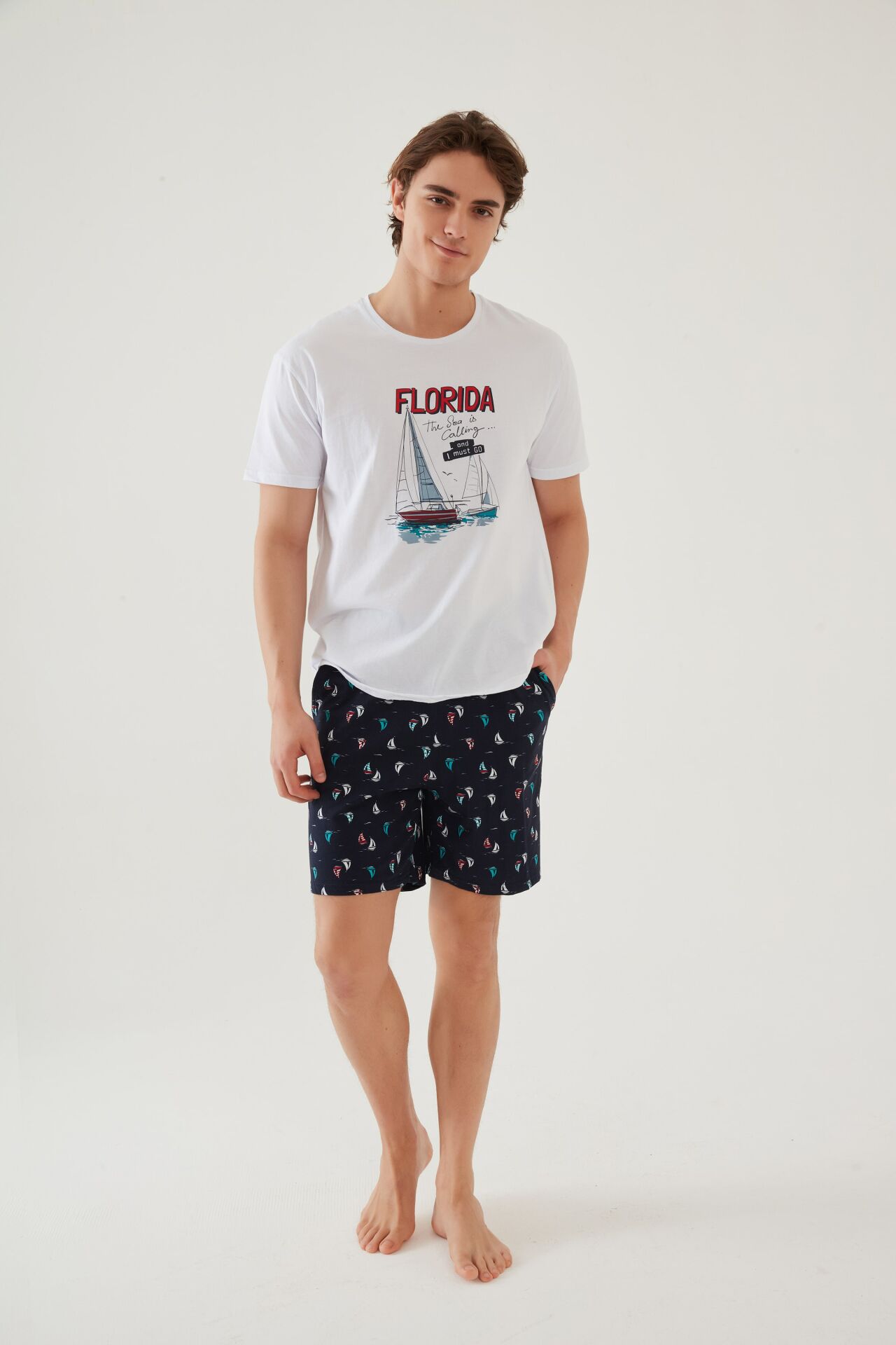 Erkek Pamuklu Kısa Kollu Marine Baskılı Cepli Şortlu Takım M