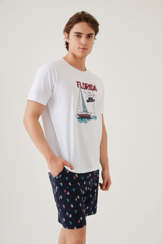 Erkek Pamuklu Kısa Kollu Marine Baskılı Cepli Şortlu Takım M