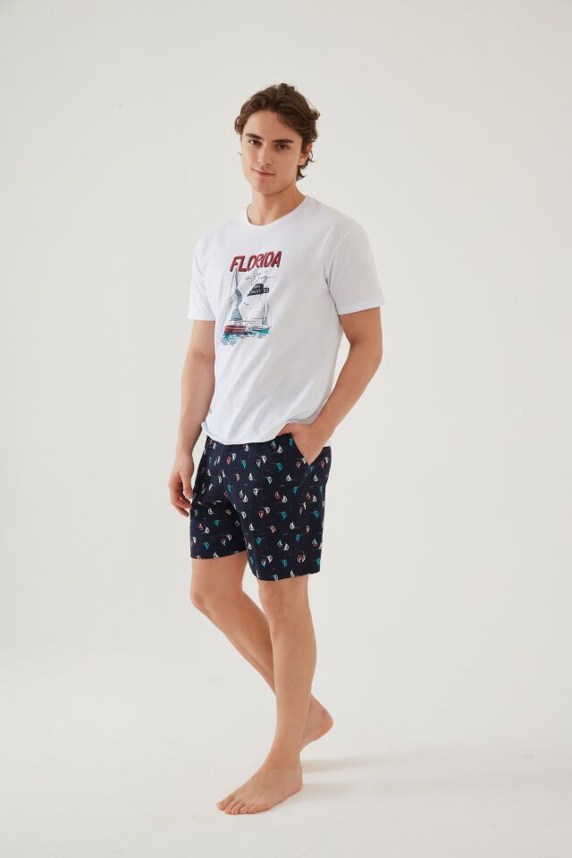 Erkek Pamuklu Kısa Kollu Marine Baskılı Cepli Şortlu Takım M