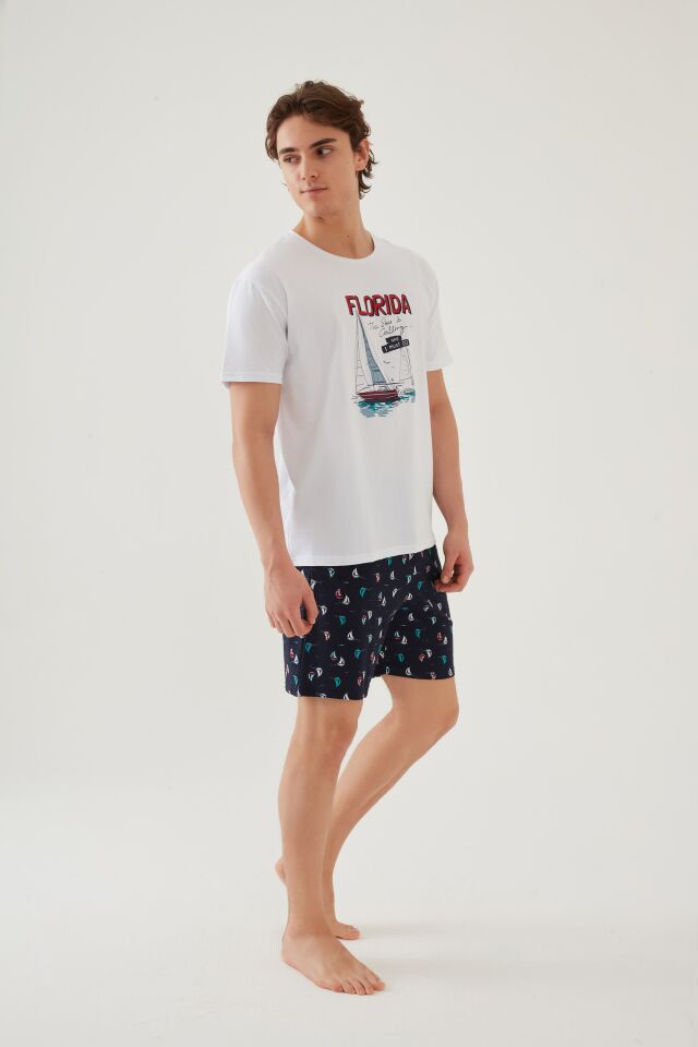 Erkek Pamuklu Kısa Kollu Marine Baskılı Cepli Şortlu Takım M