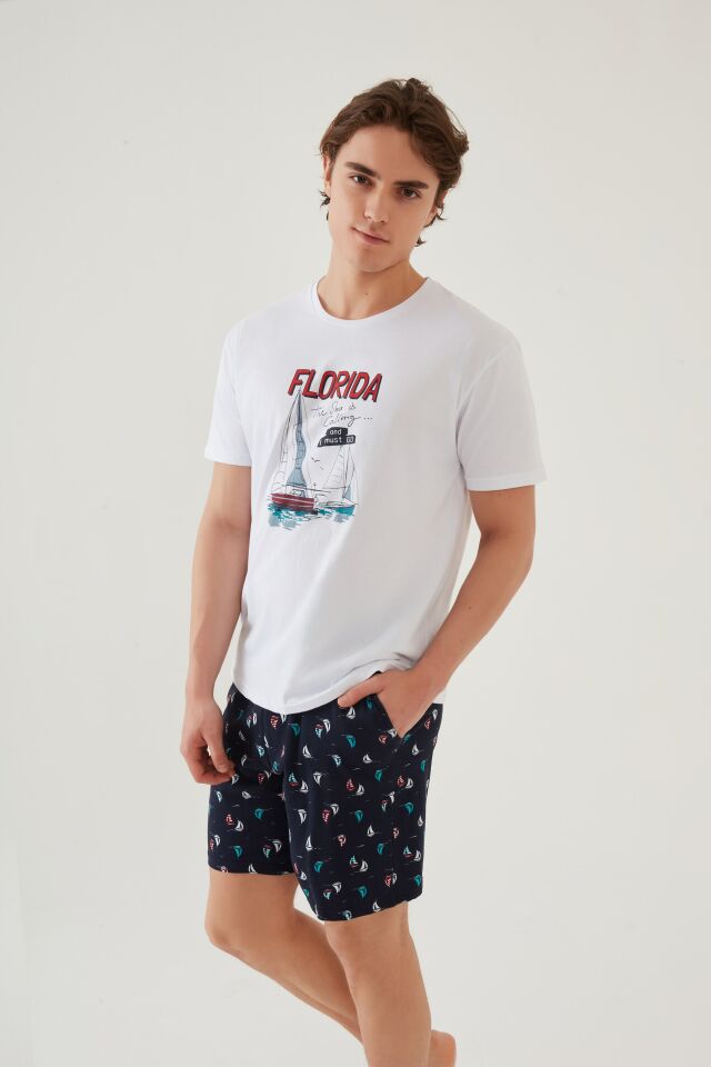 Erkek Pamuklu Kısa Kollu Marine Baskılı Cepli Şortlu Takım M