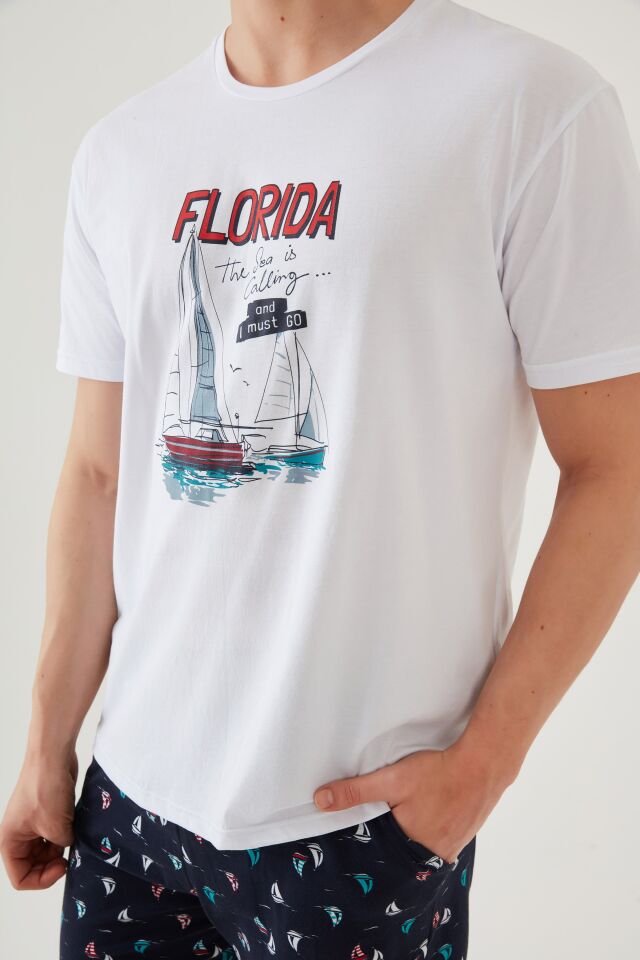 Erkek Pamuklu Kısa Kollu Marine Baskılı Cepli Şortlu Takım M