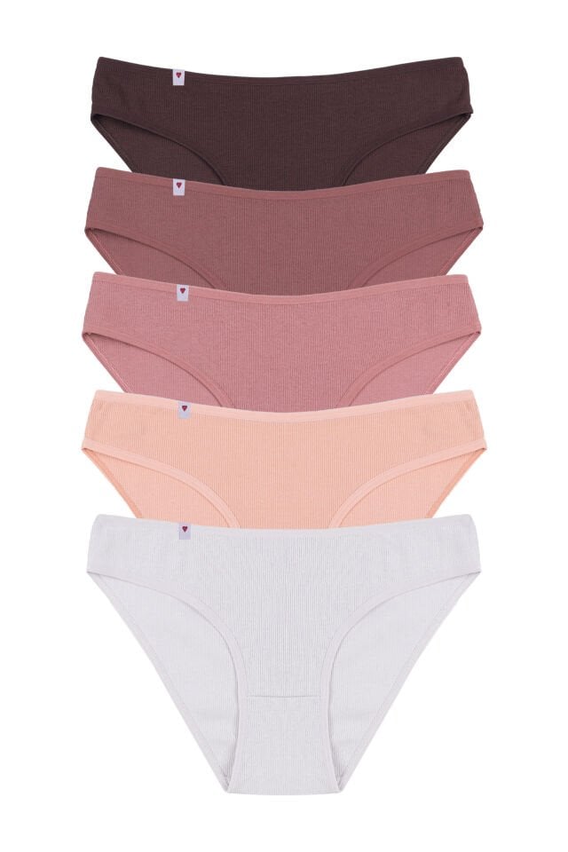 Kadın Külot 5 li Pamuklu Etiket Detaylı Fitilli Ribana S - M - Kahvrengi - Ekru