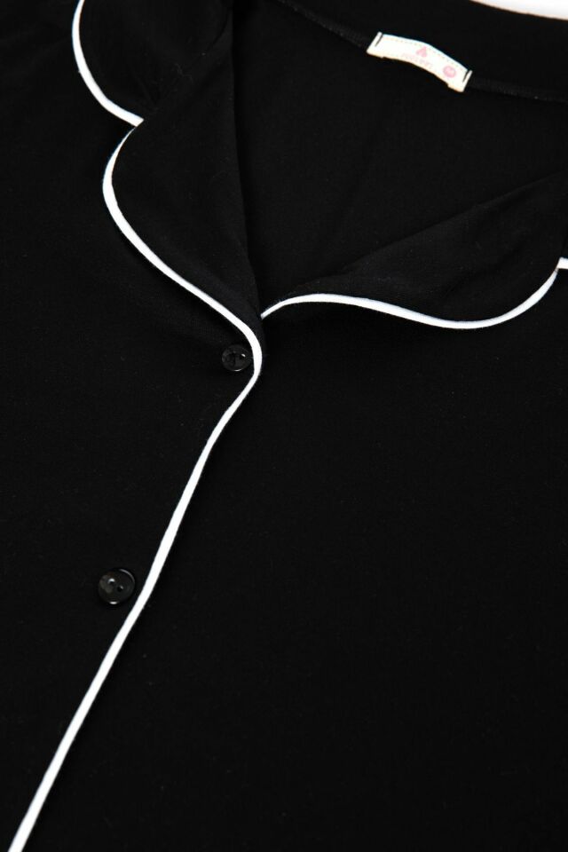 Kadın Viskon - Yumuşak Dokulu Düğmeli Biyeli Bol Paça Pijama Takımı Siyah - L