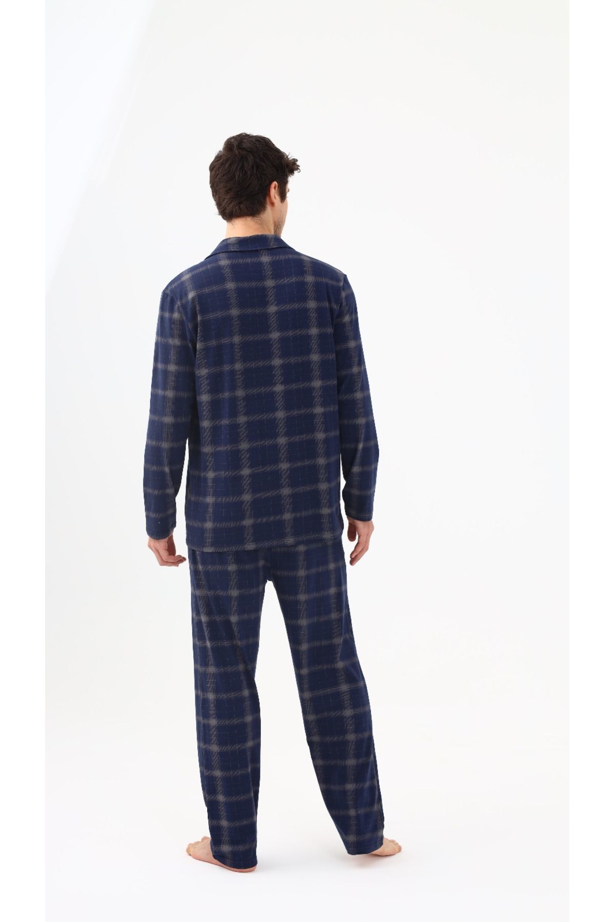 Erkek Pamuklu Mavi Ekose Desenli Uzun Kollu Cep Detaylı Gömlek Yaka Pijama Takımı Mavi Ekose - L
