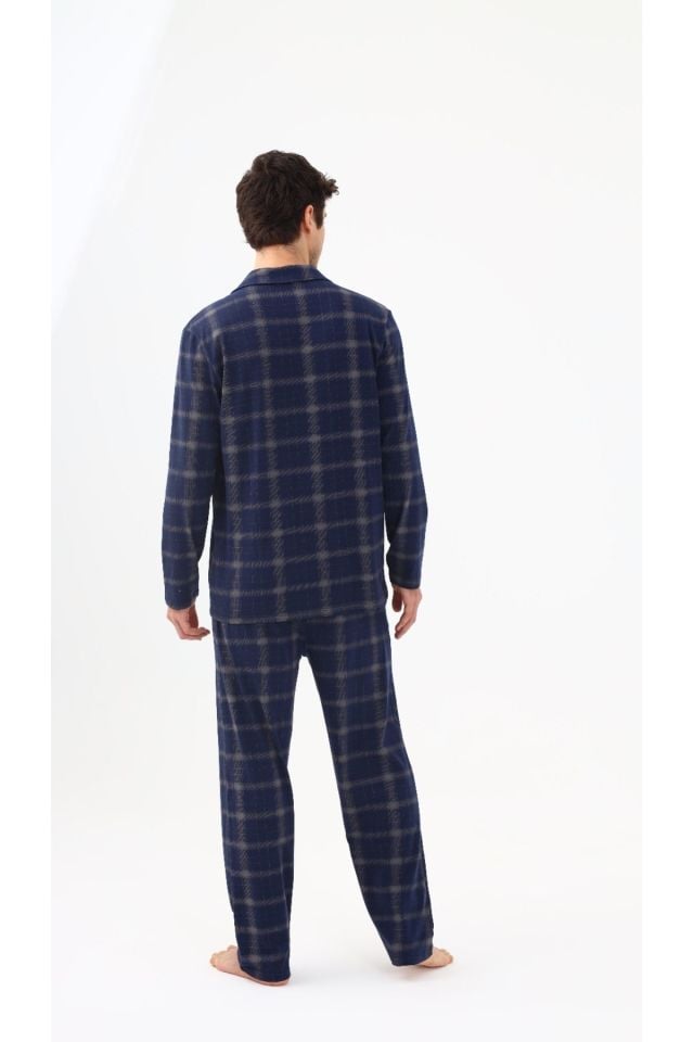 Erkek Pamuklu Mavi Ekose Desenli Uzun Kollu Cep Detaylı Gömlek Yaka Pijama Takımı Mavi Ekose - L
