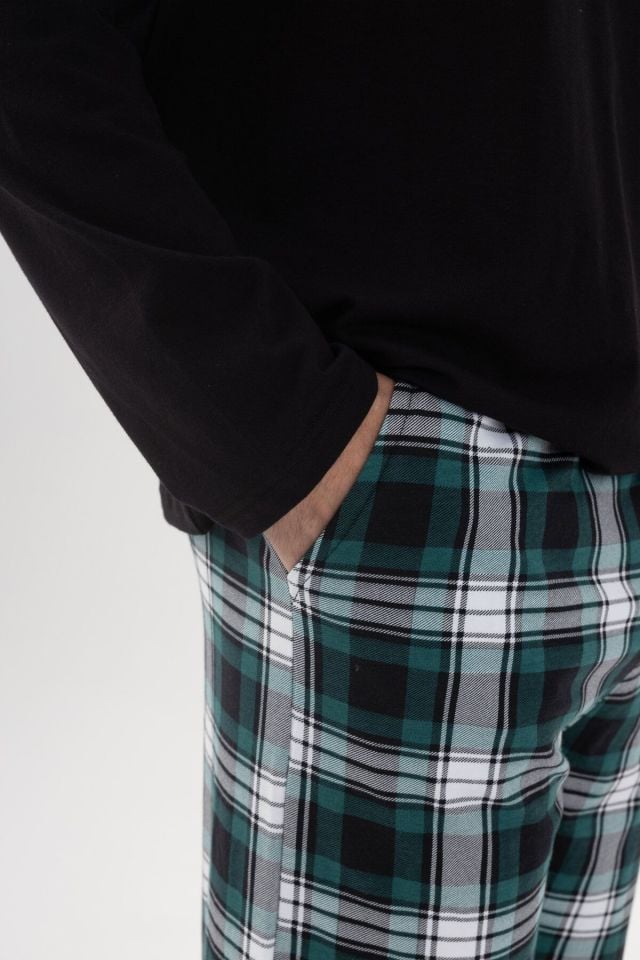 Erkek Pamuklu Uzun Kollu Yamalı Ekose Desenli Pijama Takımı Yeşil Ekose - S