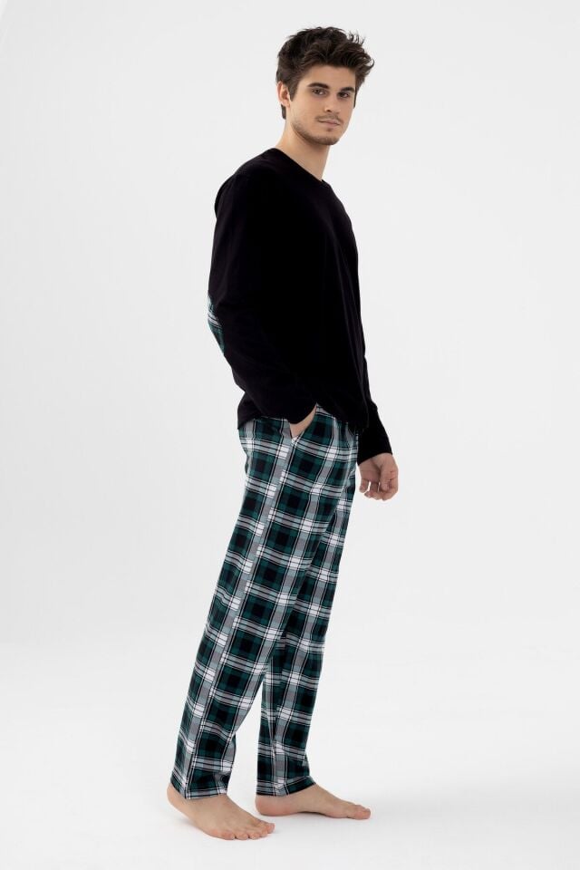 Erkek Pamuklu Uzun Kollu Yamalı Ekose Desenli Pijama Takımı Yeşil Ekose - M