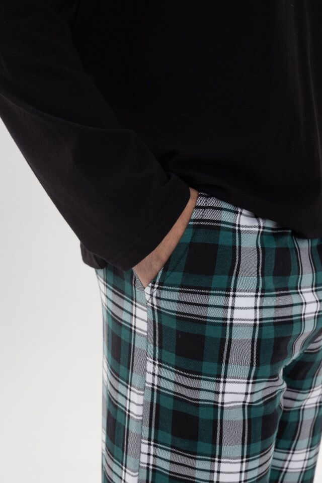 Erkek Pamuklu Uzun Kollu Yamalı Ekose Desenli Pijama Takımı Yeşil Ekose - M
