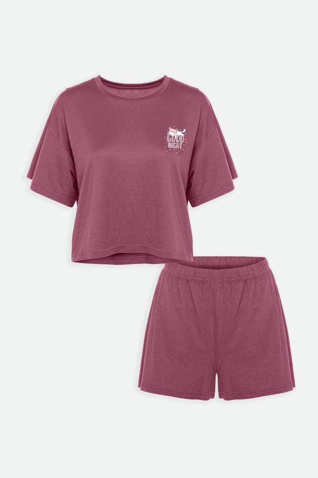 Kadın Yumuşak Dokulu Kısa Kollu Şortlu Pijama Takımı M - Pudra