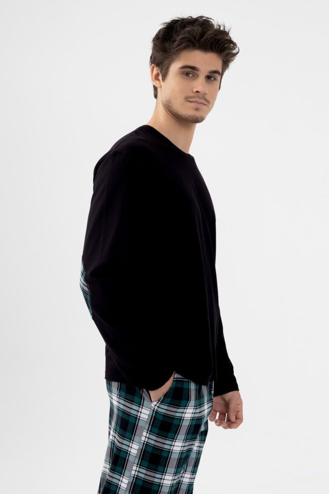 Erkek Pamuklu Uzun Kollu Yamalı Ekose Desenli Pijama Takımı Yeşil Ekose - XL