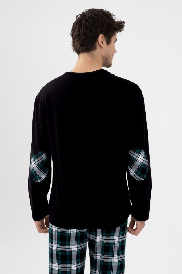 Erkek Pamuklu Uzun Kollu Yamalı Ekose Desenli Pijama Takımı Yeşil Ekose - XL